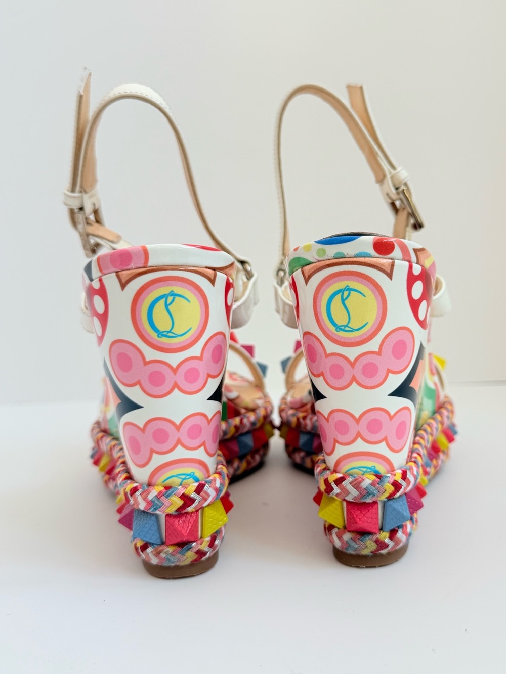 Christian Louboutin Pyraclou 110 Toile Bengale Multicolor Platform Wedge EU 38 - Picture 6 of 10